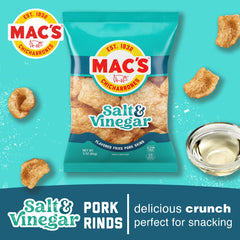 Close-up of Mac's pork rinds showing crispy salt and vinegar texture.