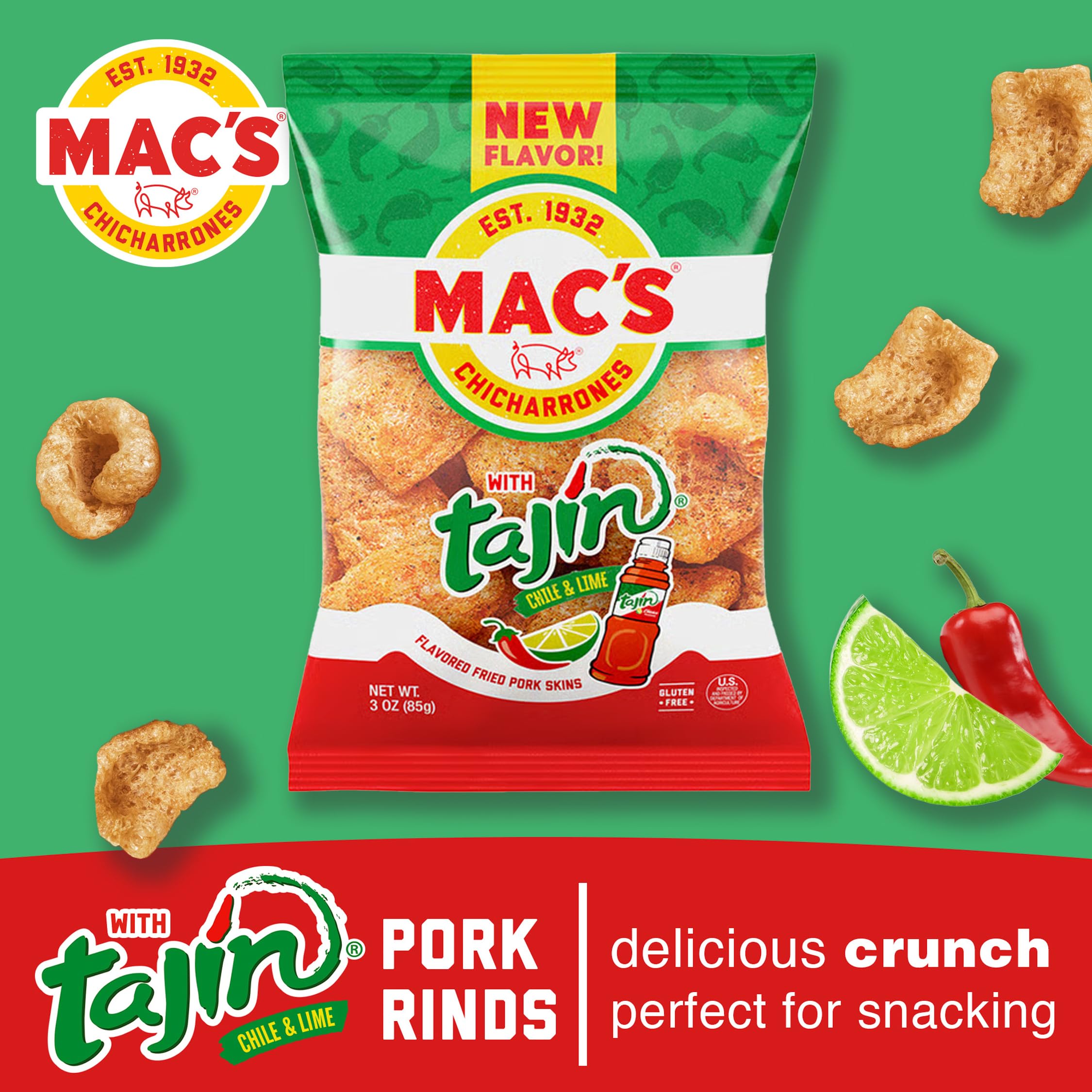 Mac's Tajin Chili Lime pork skins close-up, crunchy texture ideal for dips.
