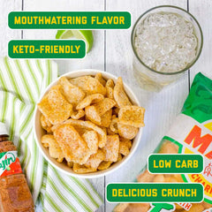 Mac's Tajin Chili Lime pork skins served with dip on a table, shareable snack.