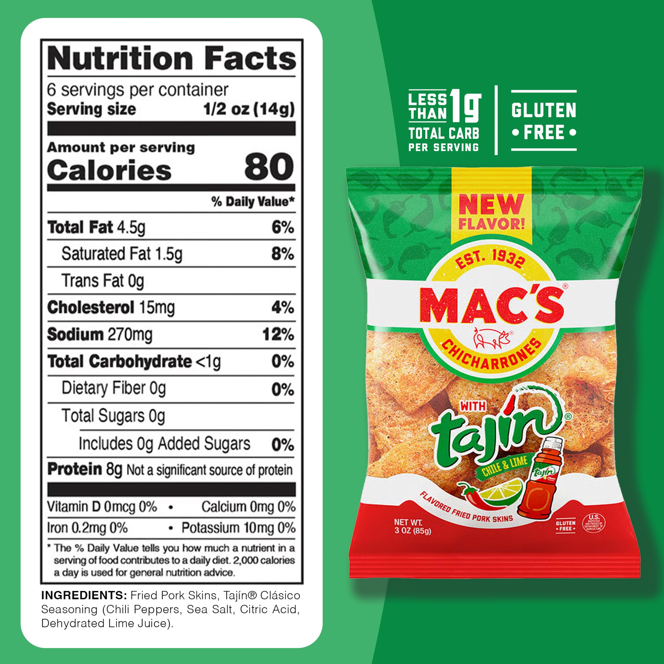 Mac's Tajin Chili Lime pork skins pack on shelf, ready for a bold snack.