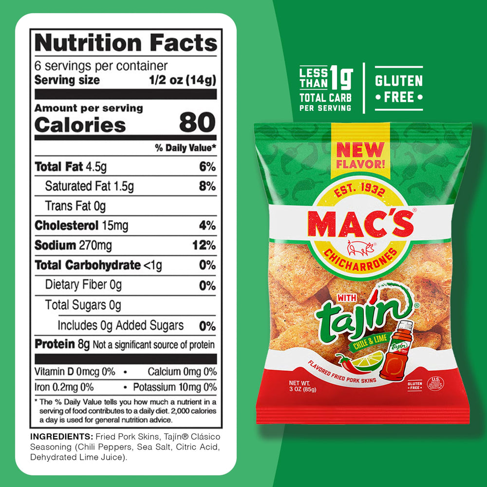 Mac's Tajin Chili Lime pork skins pack on shelf, ready for a bold snack.