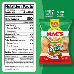 Mac's Tajin Chili Lime pork skins pack on shelf, ready for a bold snack.
