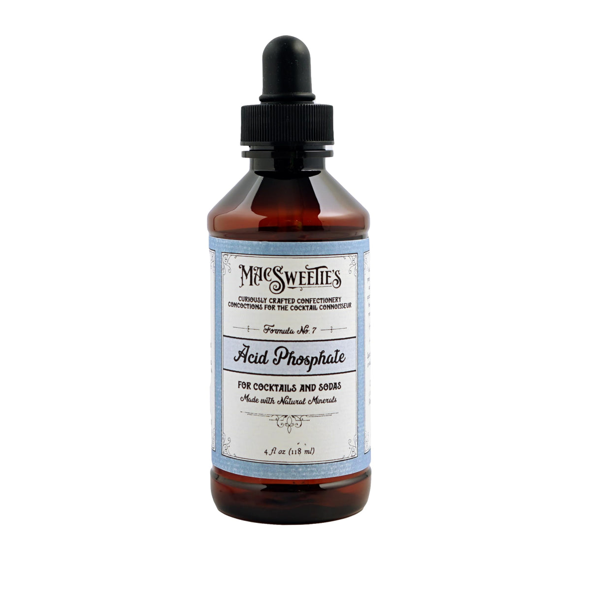 MacSweetie's Acid Phosphate bottle shown on bar, adds tangy depth to cocktails and sodas.
