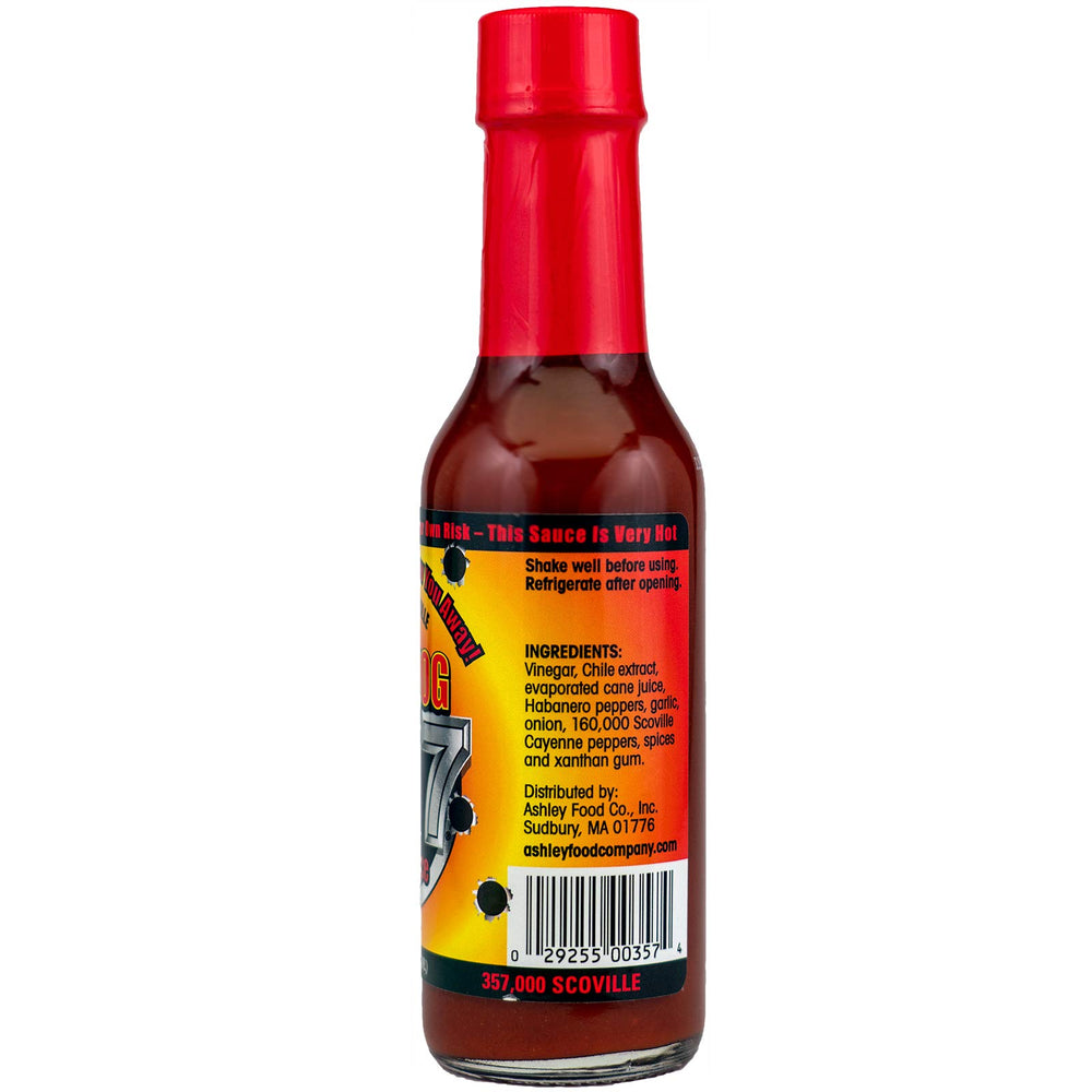 Close-up of Mad Dog 357 label showing brand and heat level.