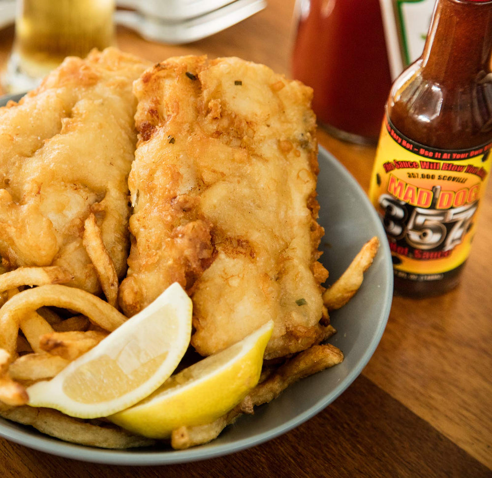 Wings topped with Mad Dog 357 for fiery flavor.