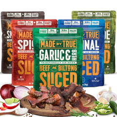 Made by True garlic herb biltong slices for high-protein on-the-go snacking.