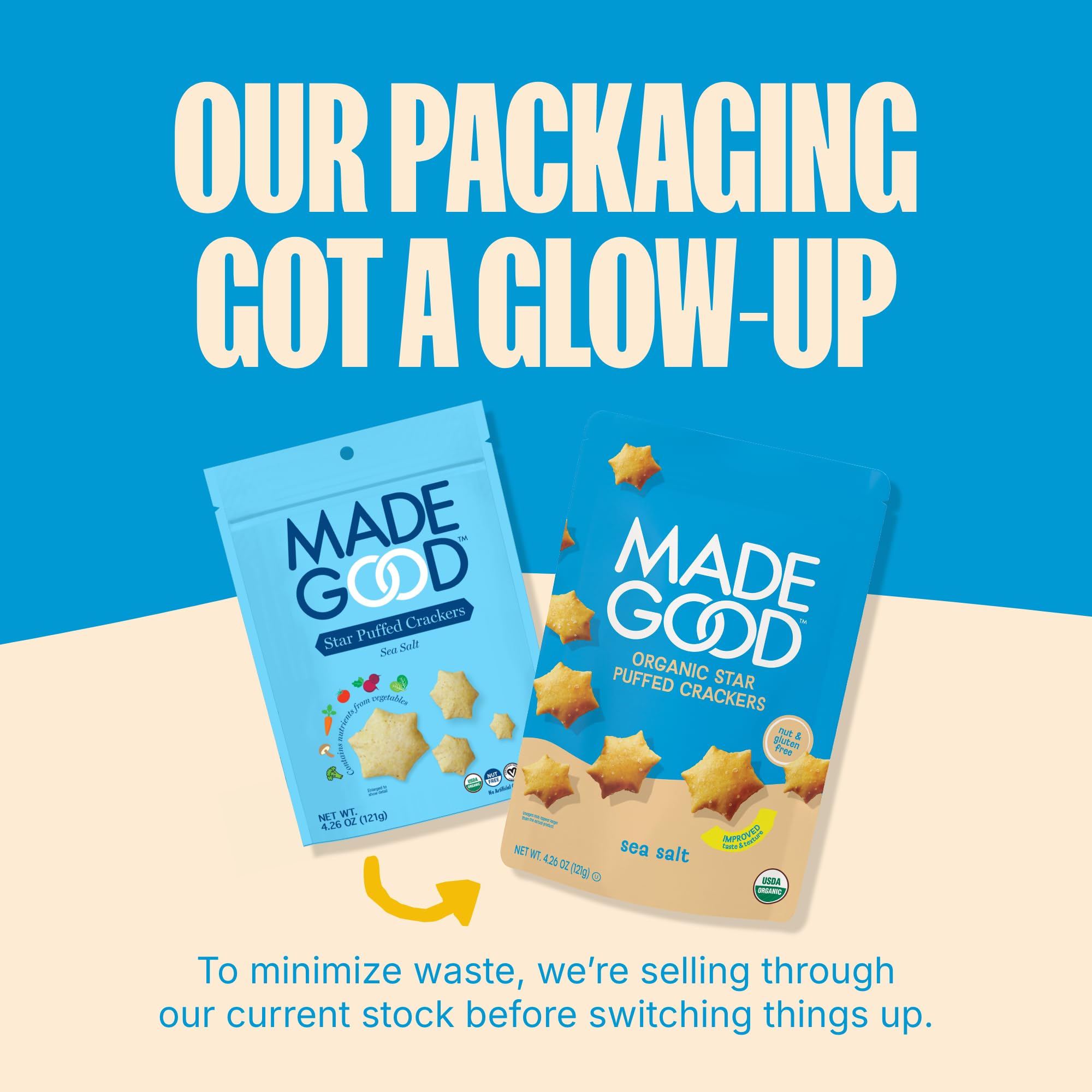 Made Good Sea Salt Star Puffed Crackers resealable bag keeps crunch fresh.