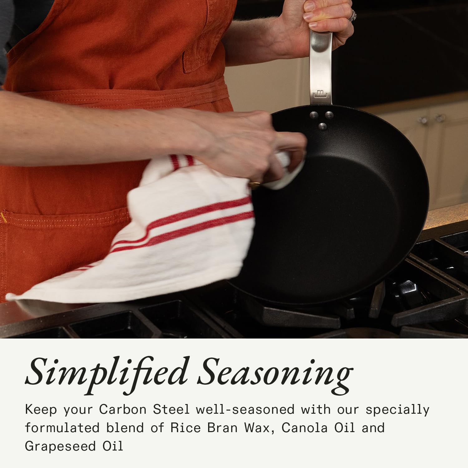 Made In seasoning wax close-up highlights high smoke point oils for even polymerization.