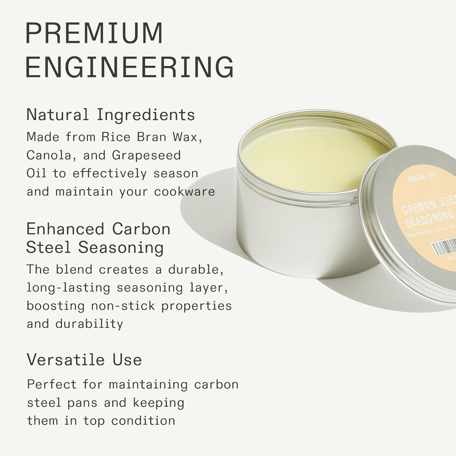 Made In seasoning wax on a carbon steel pan builds a smooth, durable surface.