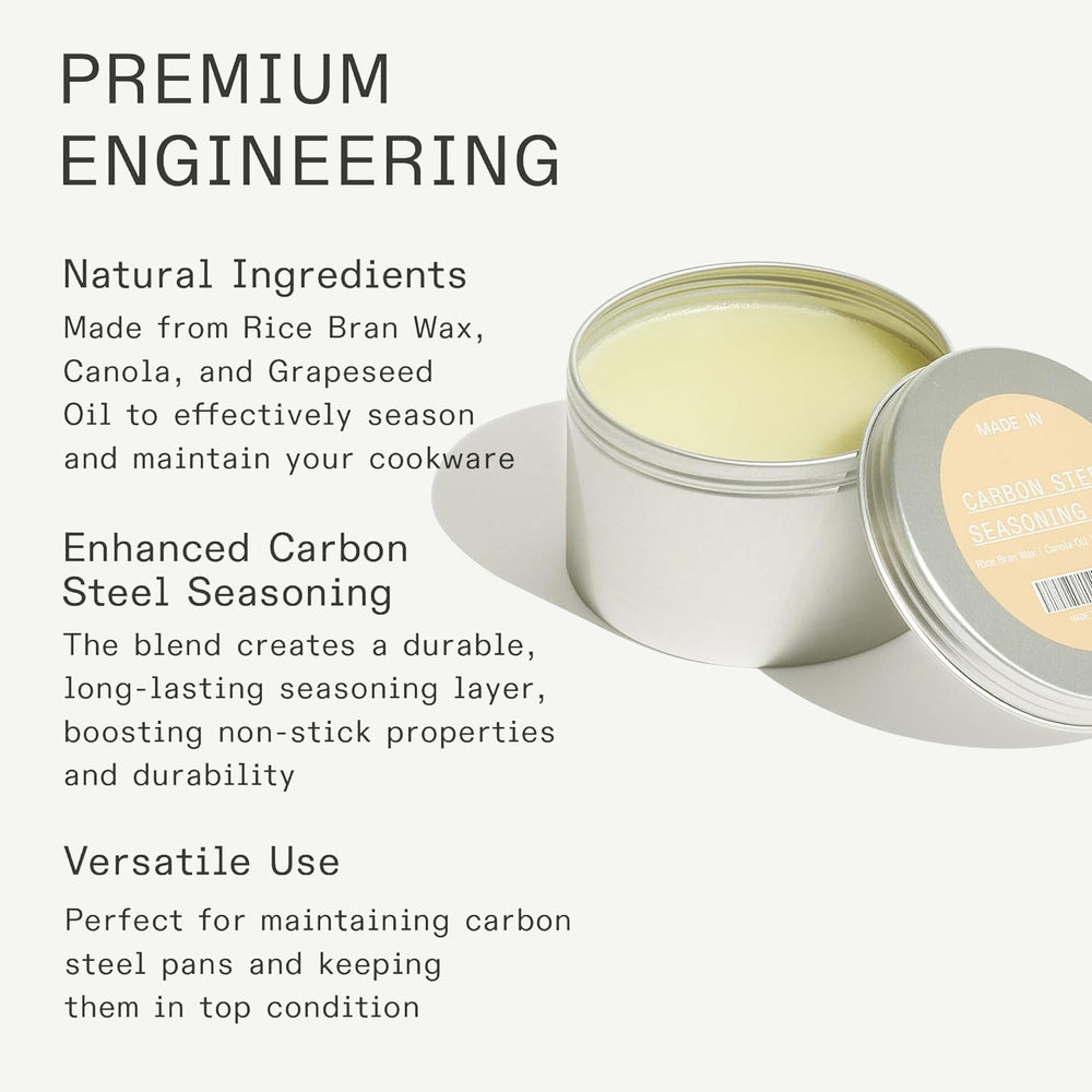 Made In seasoning wax on a carbon steel pan builds a smooth, durable surface.