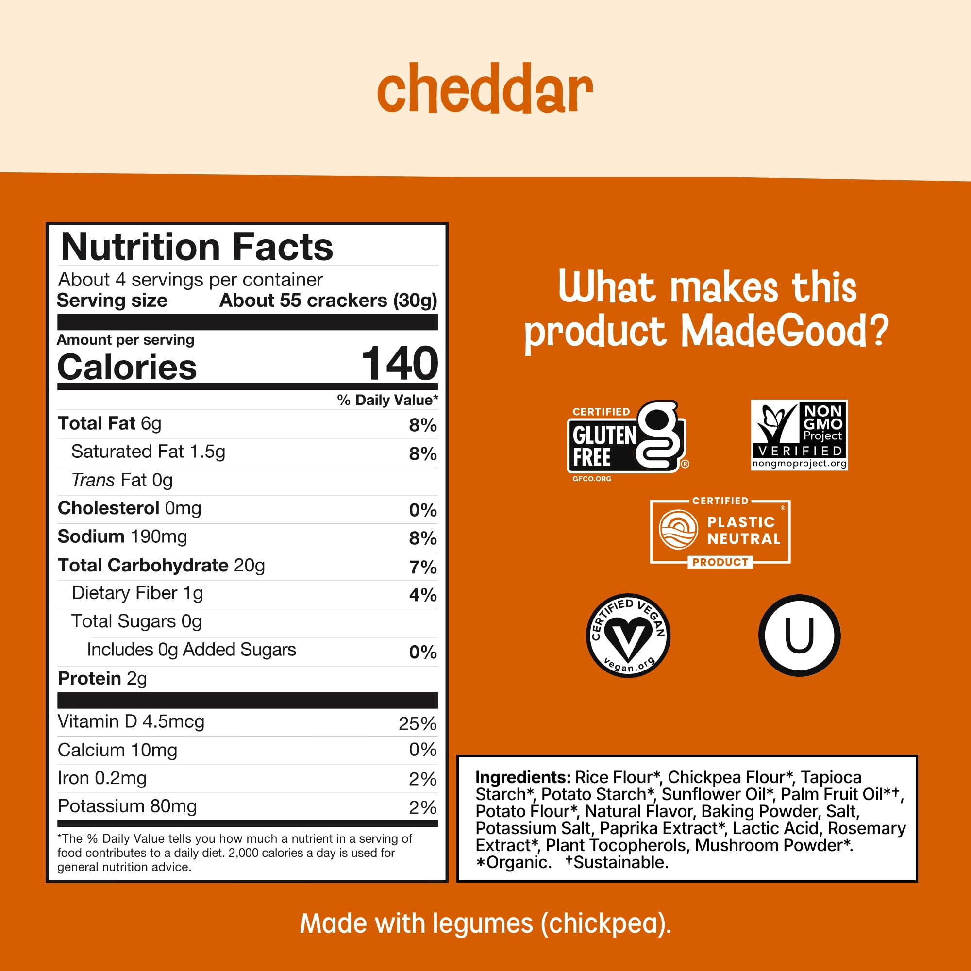 Close-up of MadeGood Cheddar Star Puffed Crackers highlighting gluten-free and dairy-free ingredients.