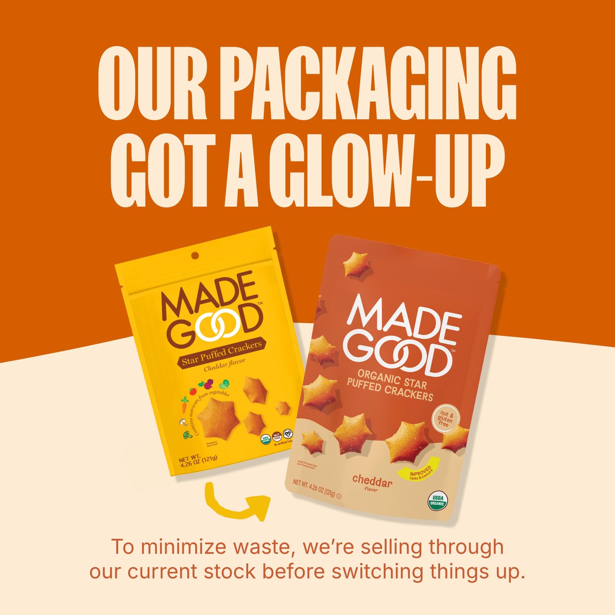 MadeGood Cheddar Star Puffed Crackers ideal for on-the-go snacking.