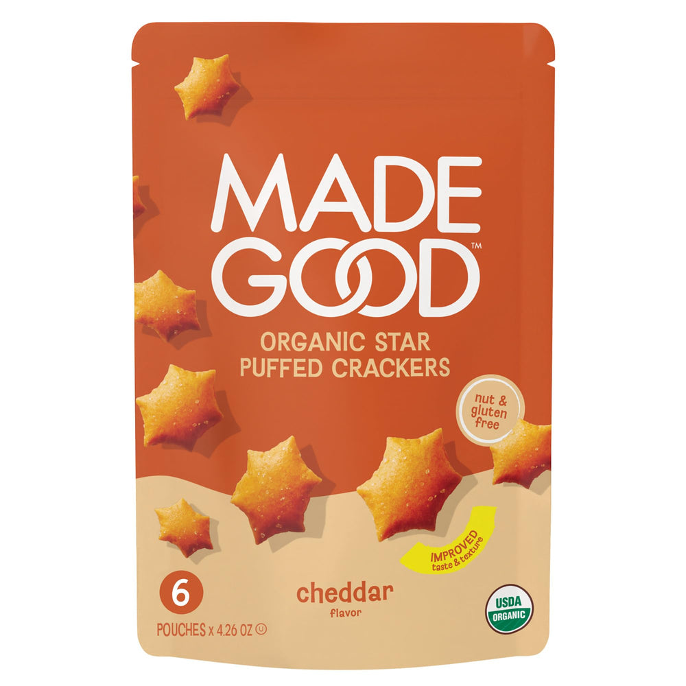 MadeGood Cheddar Star Puffed Crackers pack in a resealable bag for easy snacking.