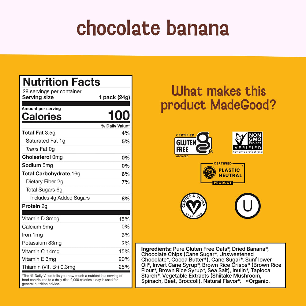MadeGood Chocolate Banana Granola Bites mini pouches ready for quick on-the-go snacking.