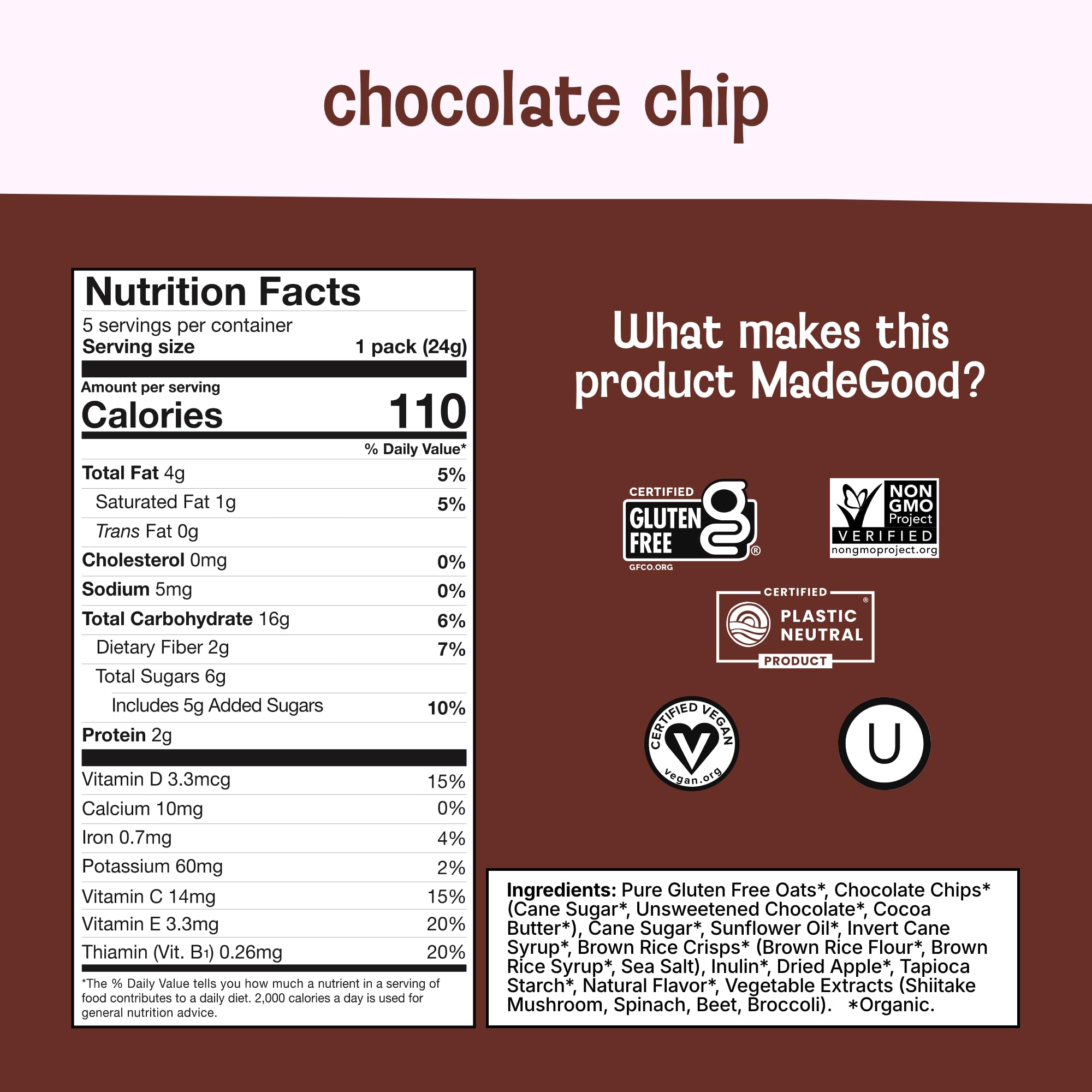 Closeup of MadeGood granola bites showing crisp texture and chocolate.