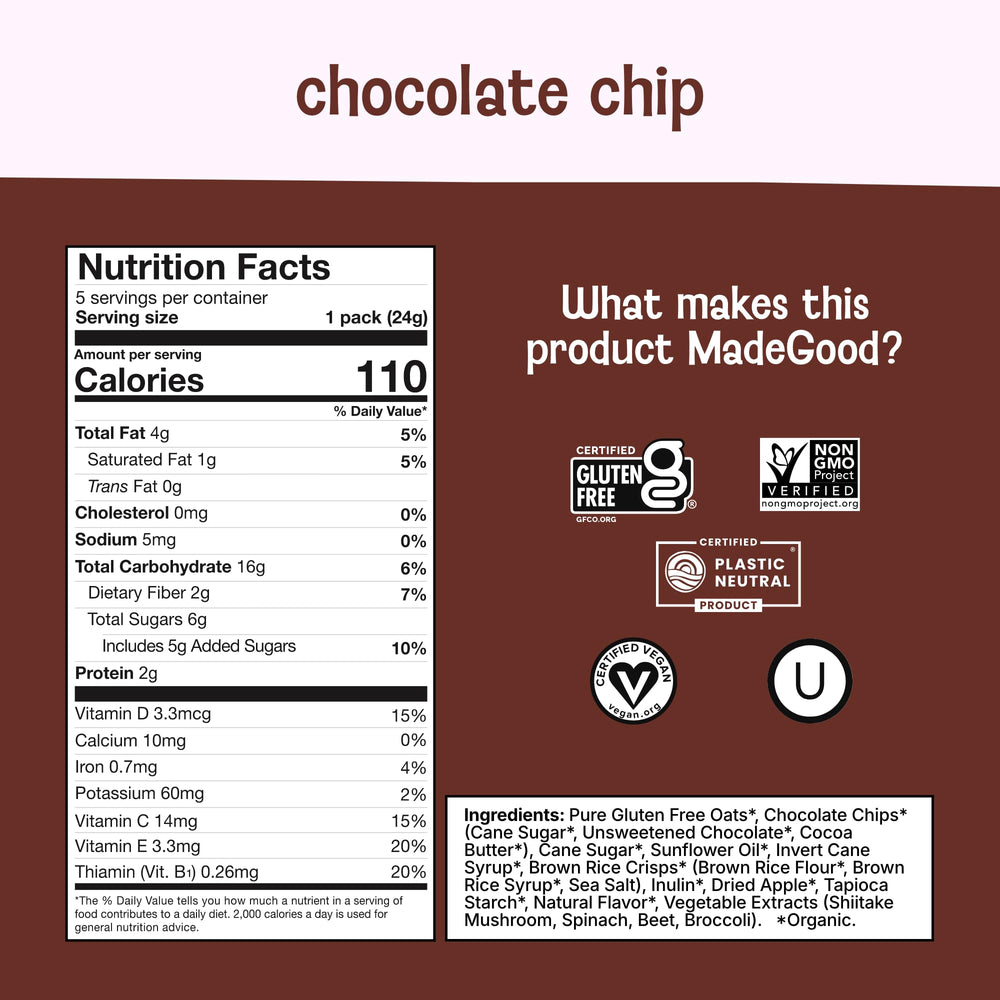 Closeup of MadeGood granola bites showing crisp texture and chocolate.