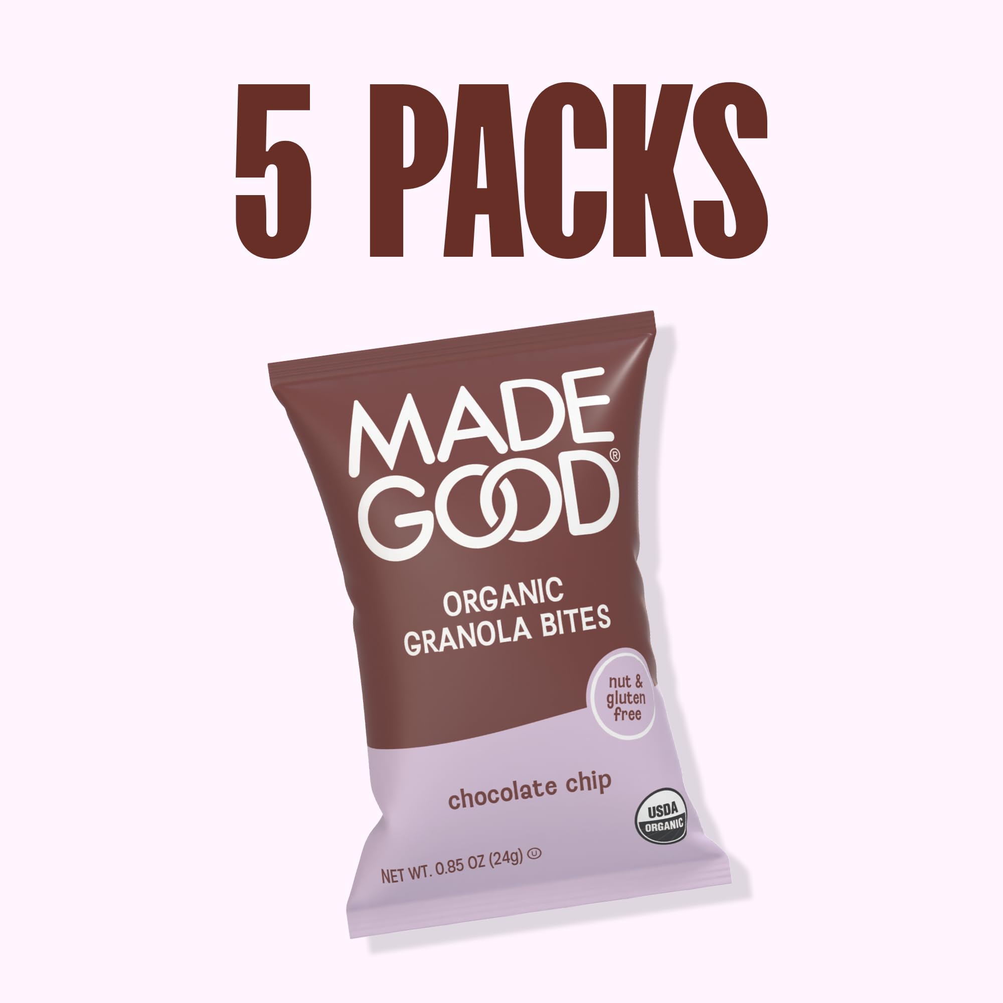 Ingredients panel highlight: organic oats and dark chocolate in MadeGood bites.