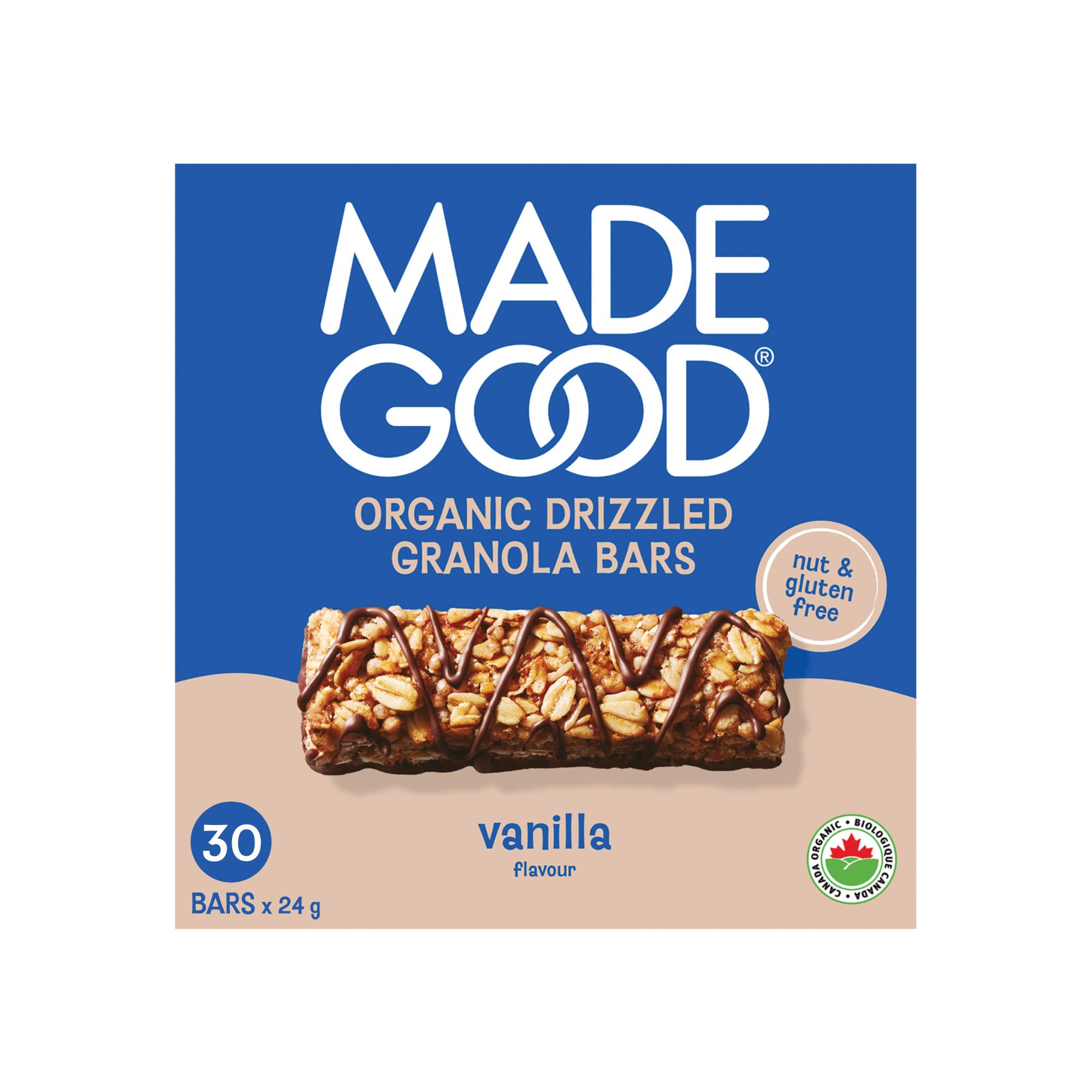 MadeGood chocolate-drizzled vanilla granola bar in packaging, gluten-free and convenient for school snacks.