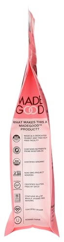 Made Good Crispy Light Granola crunch closeup emphasizes crunchy wholegrains and strawberry flavor.