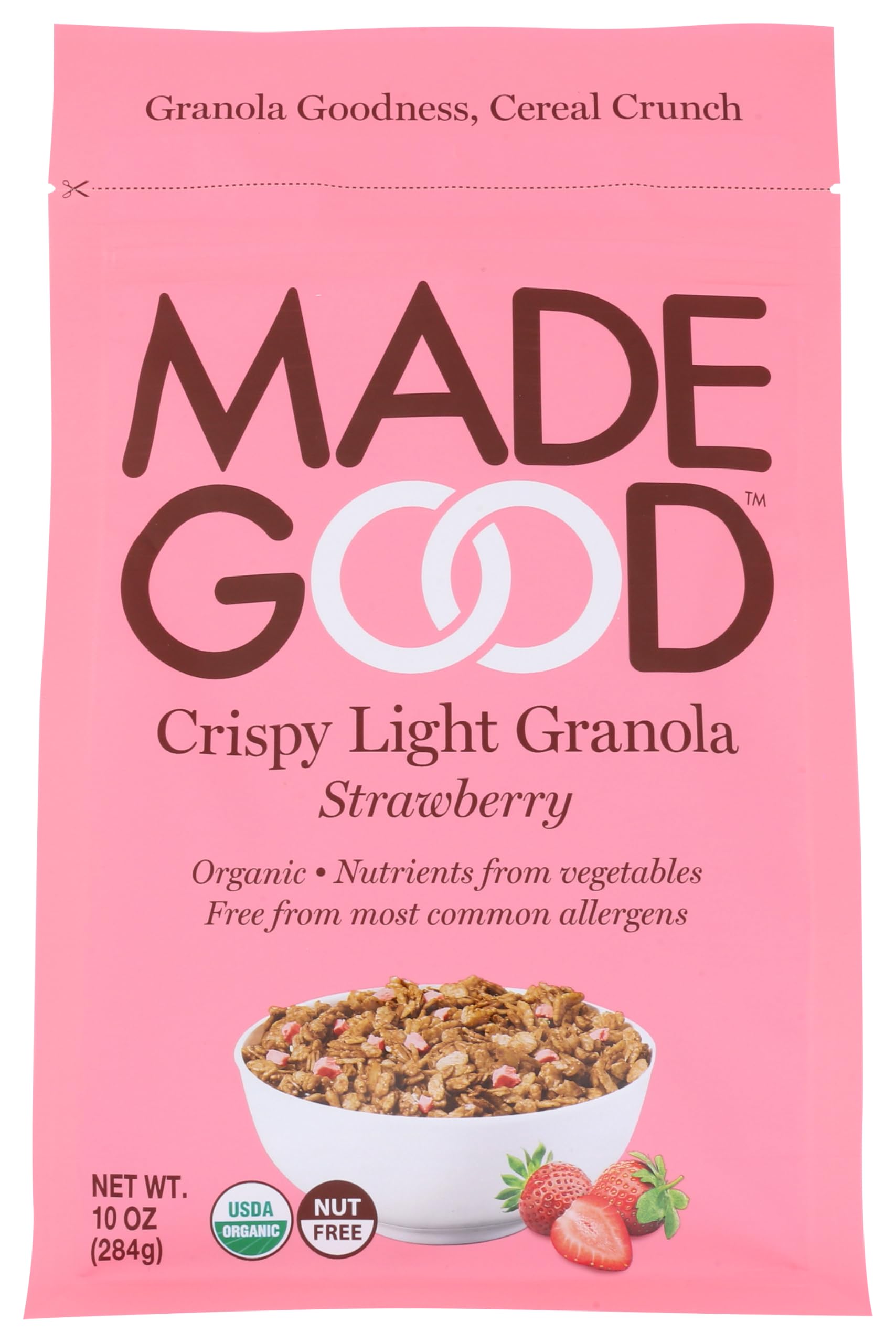 Made Good Crispy Light Granola strawberry bowl highlights crunchy oats and a strawberry burst for breakfast.