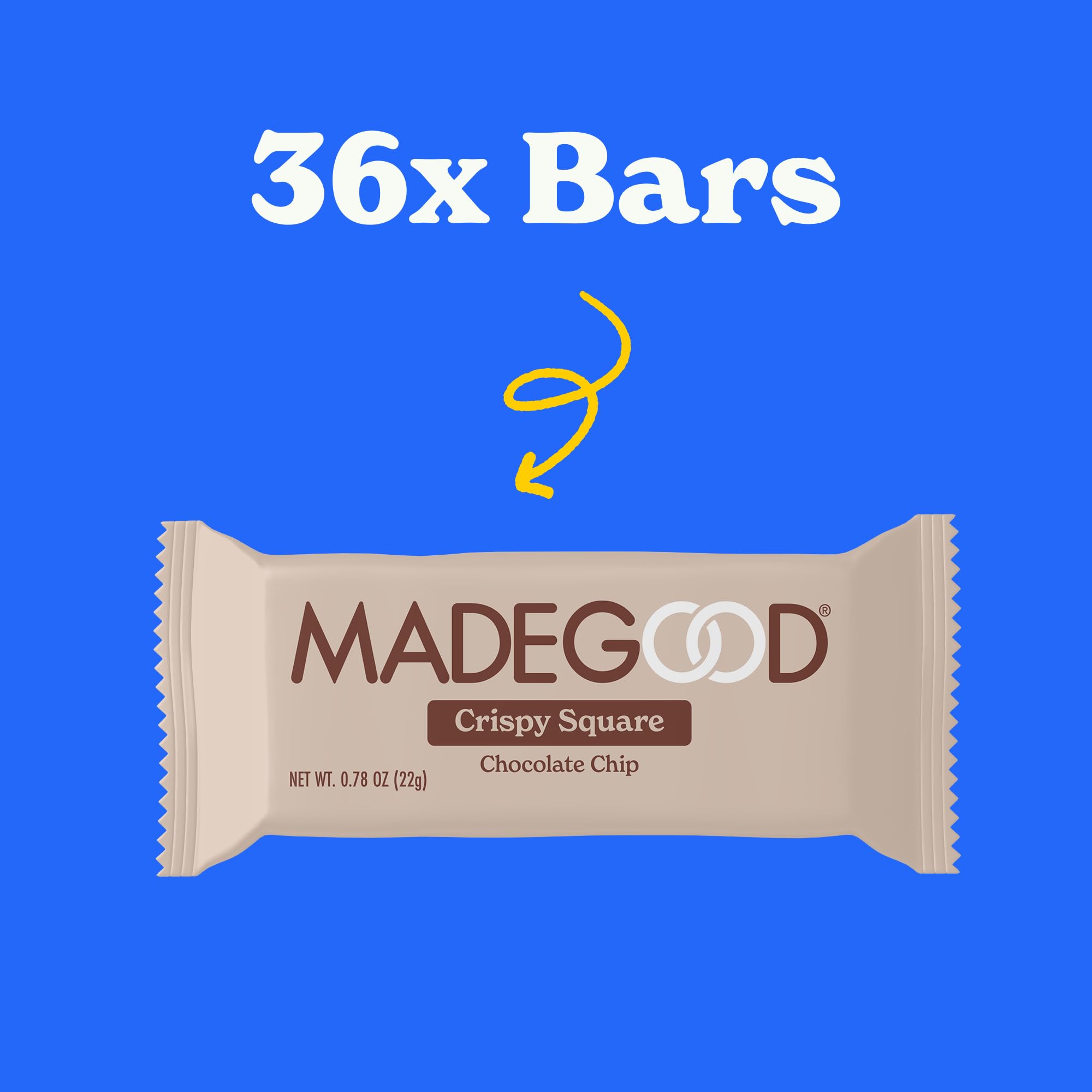 MadeGood Crispy Squares Chocolate Chip bar closeup showing crispy texture for snacking