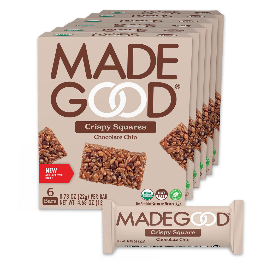 MadeGood Crispy Squares Chocolate Chip packaging in eco-friendly box for school snacks