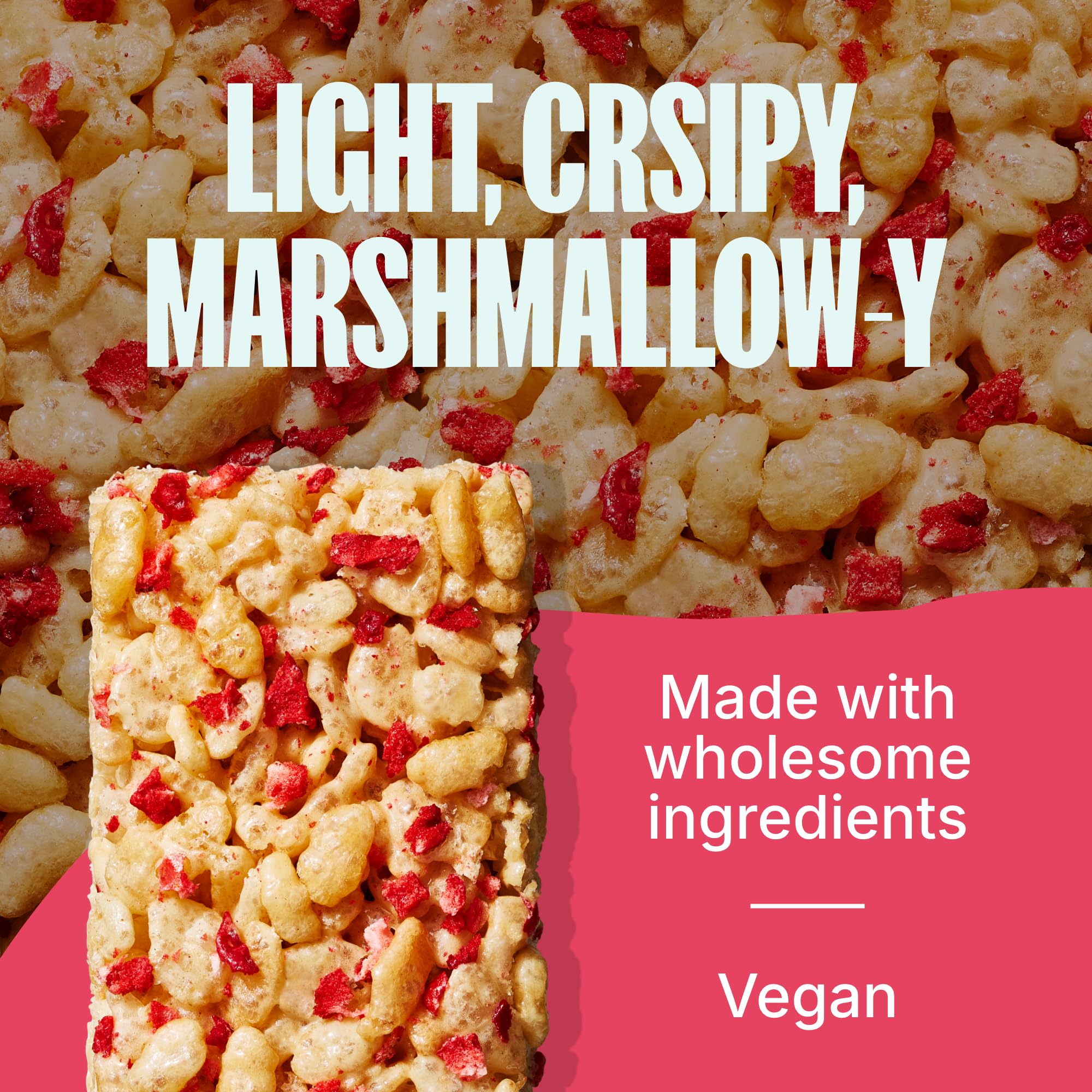 MadeGood Crispy Squares Strawberry bars close-up, showing bright strawberry bits.