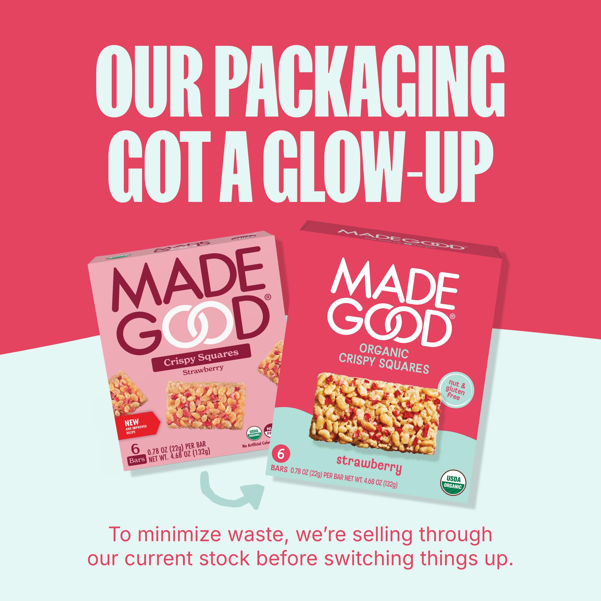 MadeGood Crispy Squares Strawberry individually wrapped bars for sharing.