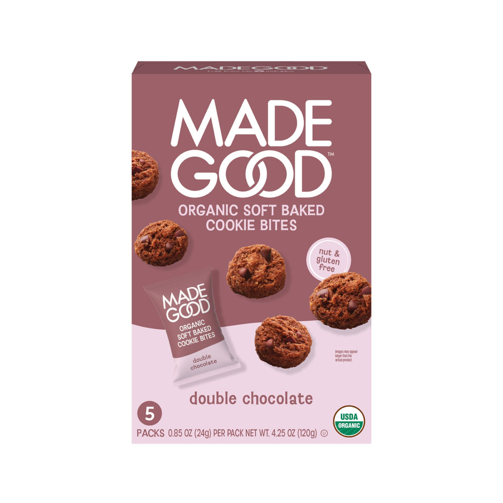 MadeGood double chocolate soft-baked cookies pack—grab-and-go indulgence for busy days.
