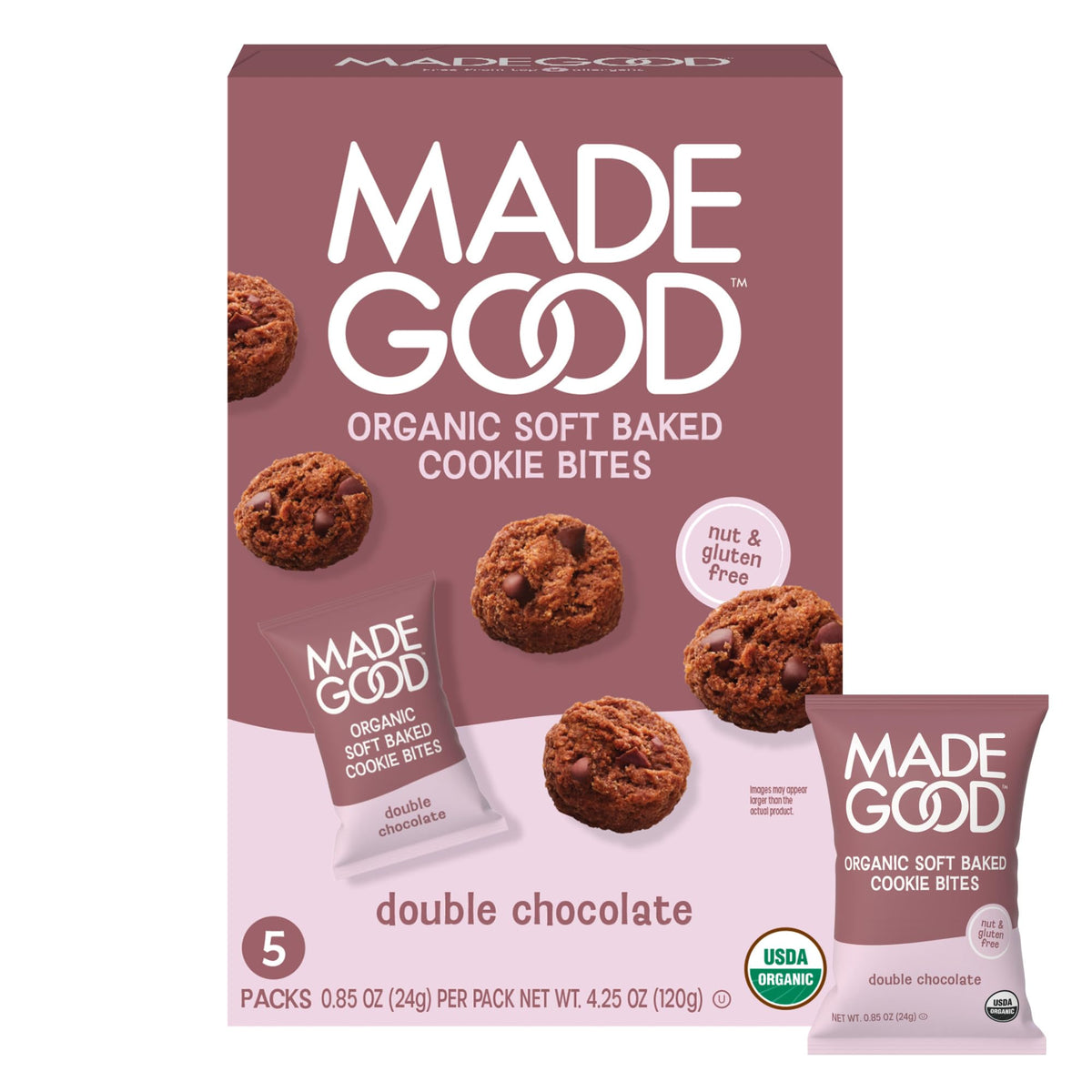 Made Good Double Chocolate Soft Baked Mini Cookies pack shot, gluten-free and allergy-friendly.