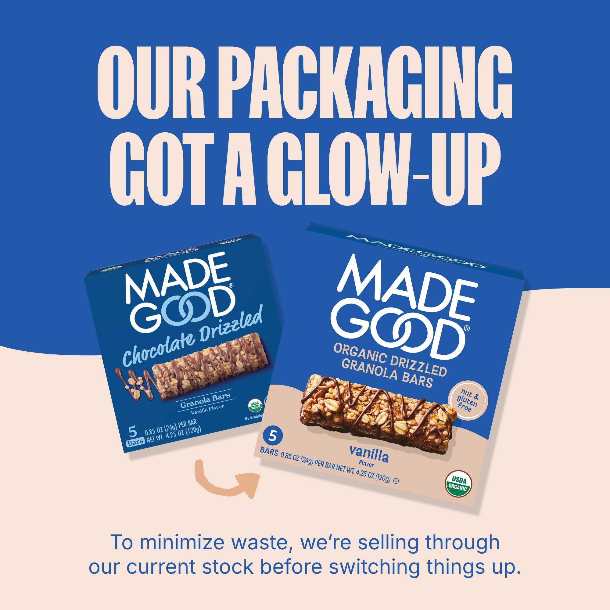 MadeGood texture shot reveals chocolate drizzle over vanilla granola.