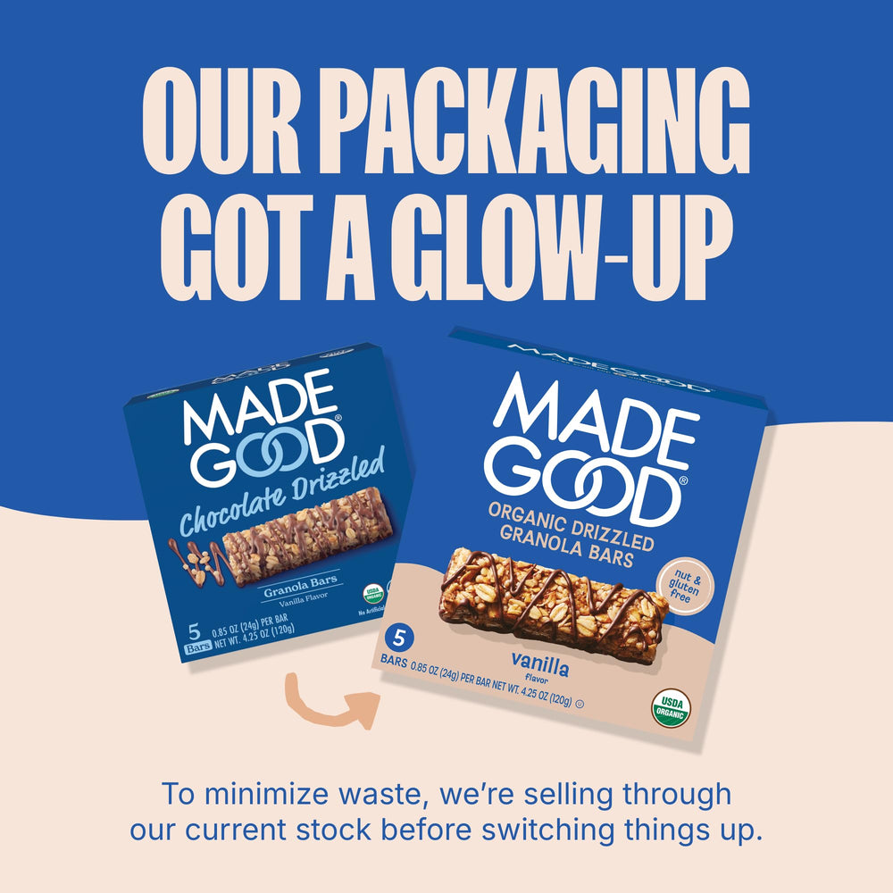 MadeGood texture shot reveals chocolate drizzle over vanilla granola.