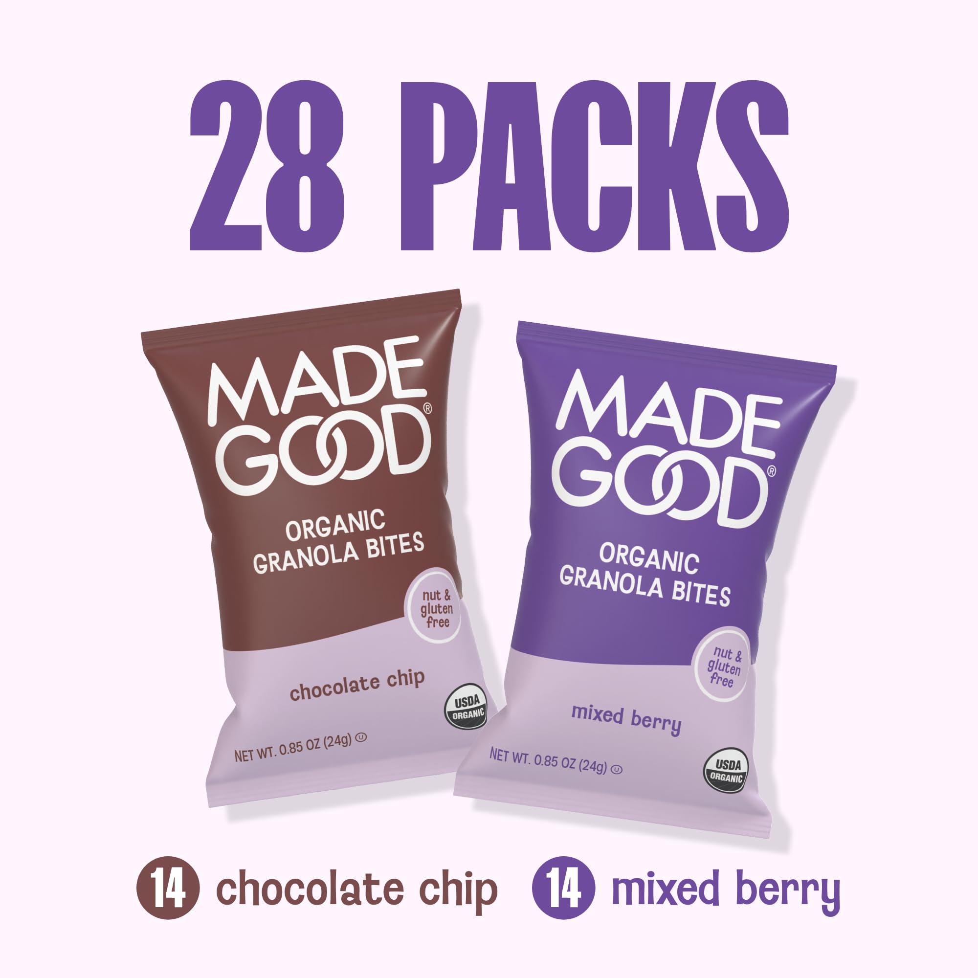 MadeGood Granola Minis variety pack offers chocolate chip and mixed berry options.