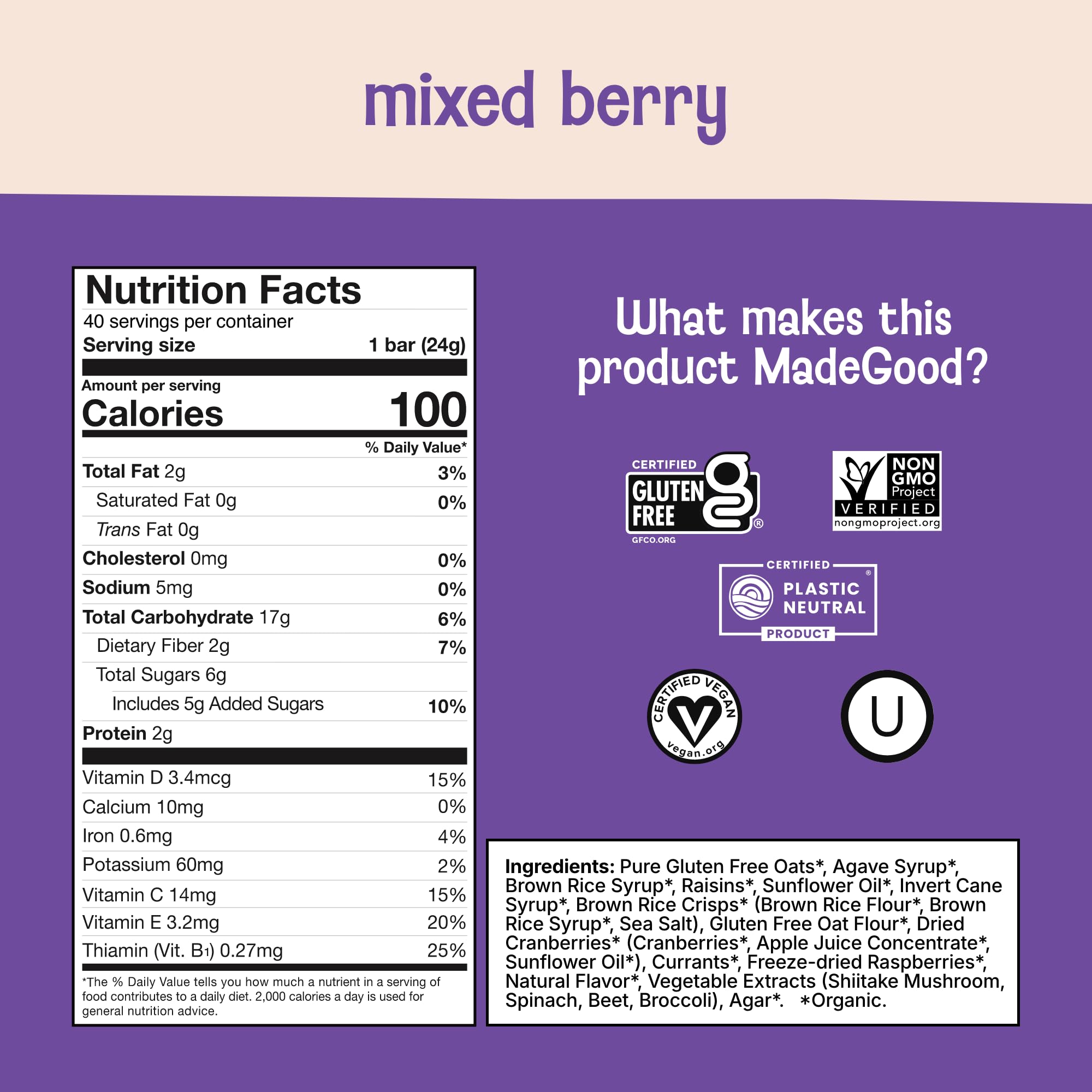 Close-up of MadeGood Mixed Berry Granola Bars with oats and berries, chewy texture.