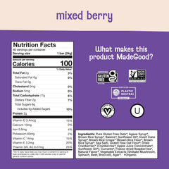 Close-up of MadeGood Mixed Berry Granola Bars with oats and berries, chewy texture.