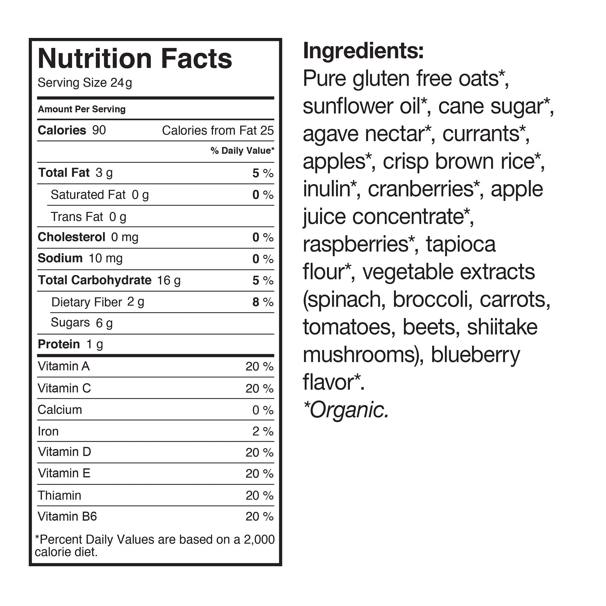 Ingredients label close-up on Made Good Minis, non-GMO promise and simple ingredients.