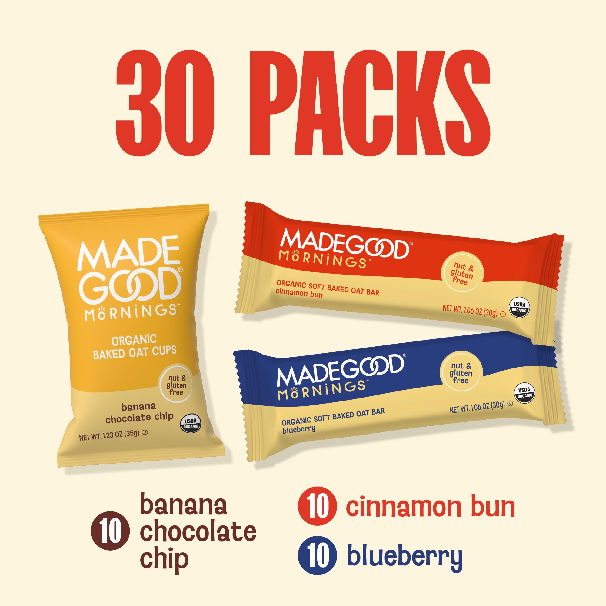 MadeGood Mornings 30-count variety-pack display for grab-and-go meals.