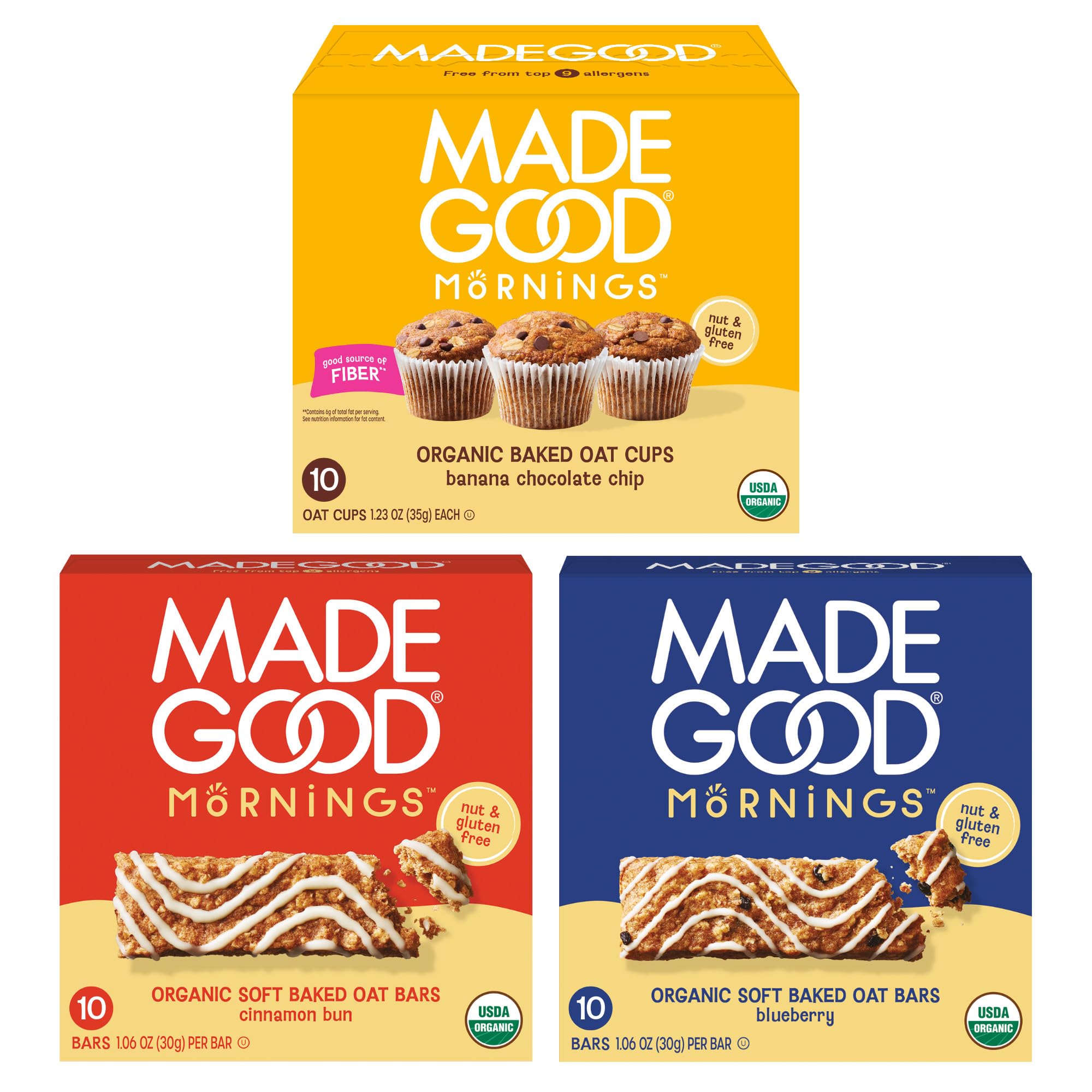 MadeGood Mornings banana chocolate chip oat cup for quick on-the-go snacking.
