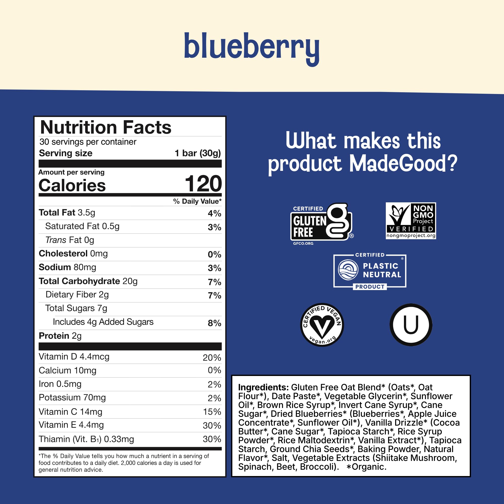 MadeGood Mornings bars, individually wrapped, convenient snack on the go.