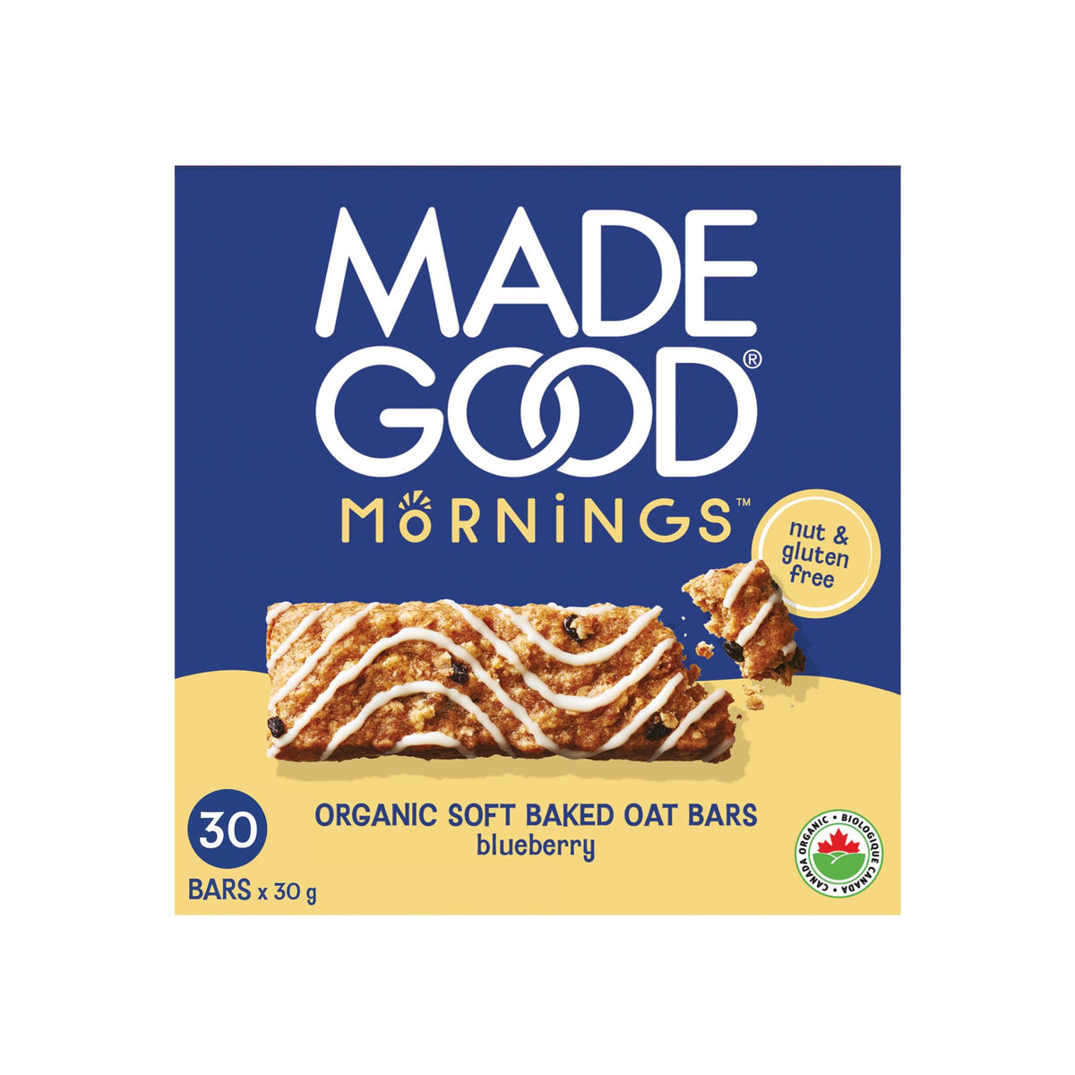 MadeGood Mornings Blueberry Soft Baked Bars packaged box for grab-and-go breakfast.