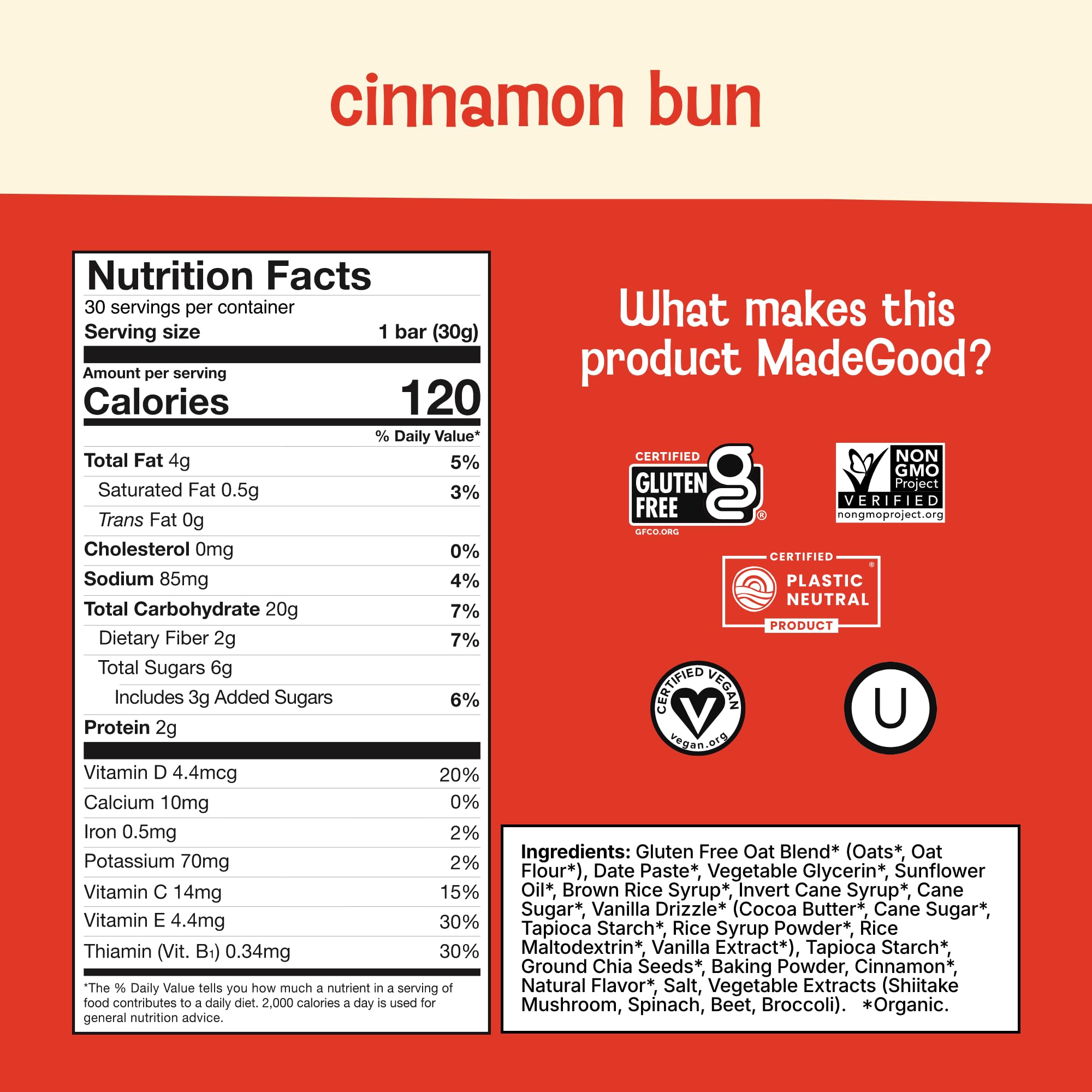 MadeGood Mornings Cinnamon Bun bars individually wrapped, easy to toss into bags.