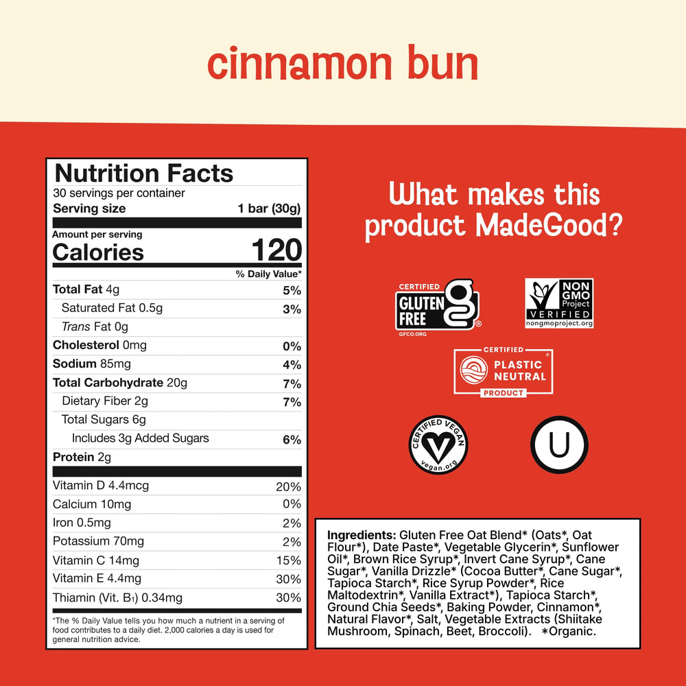 MadeGood Mornings Cinnamon Bun bars individually wrapped, easy to toss into bags.