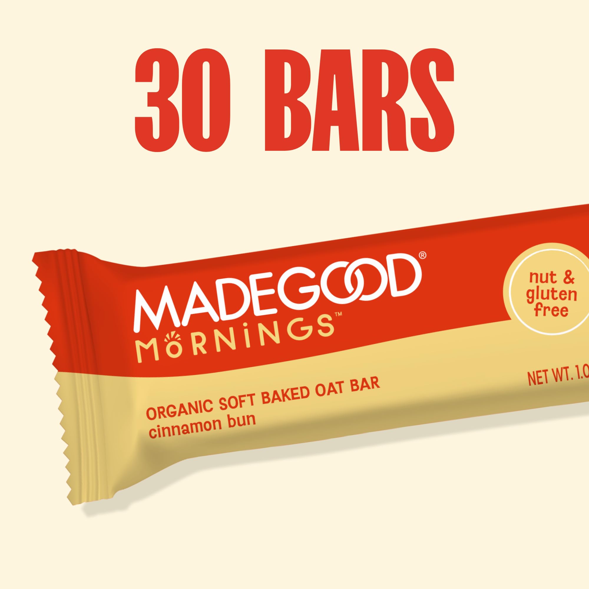 MadeGood Mornings Cinnamon Bun bars on-the-go snack in bag.