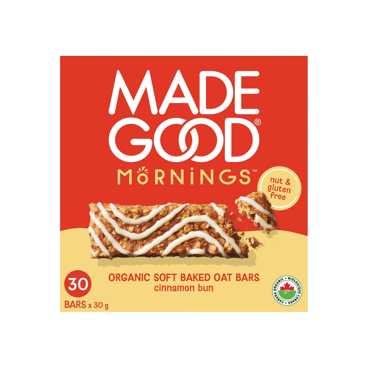 MadeGood Mornings Cinnamon Bun bars package front, ideal for quick on-the-go mornings.