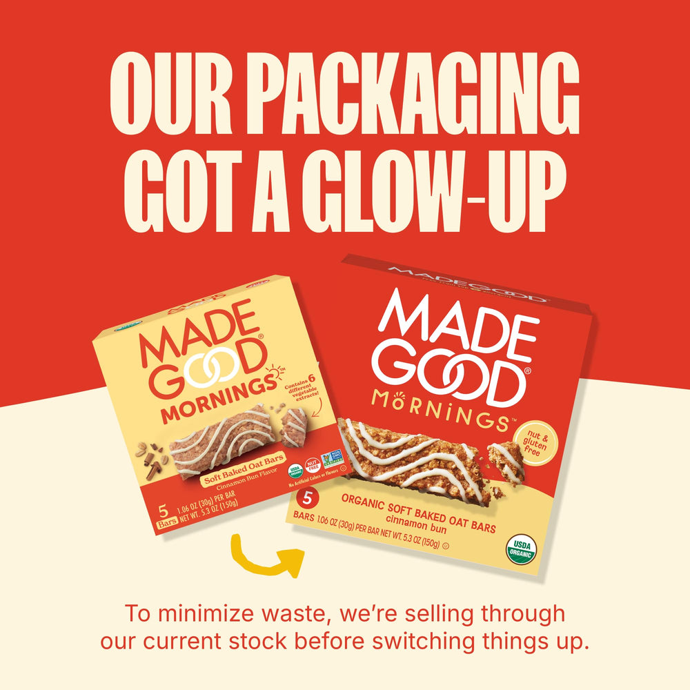 MadeGood Mornings Cinnamon Bun bars serving with coffee suggestion.