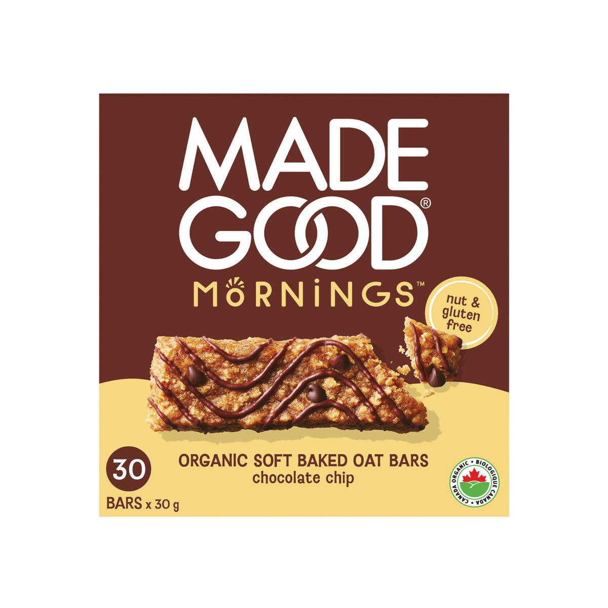 MadeGood Mornings soft baked bars chocolate chip close-up, gluten-free breakfast option