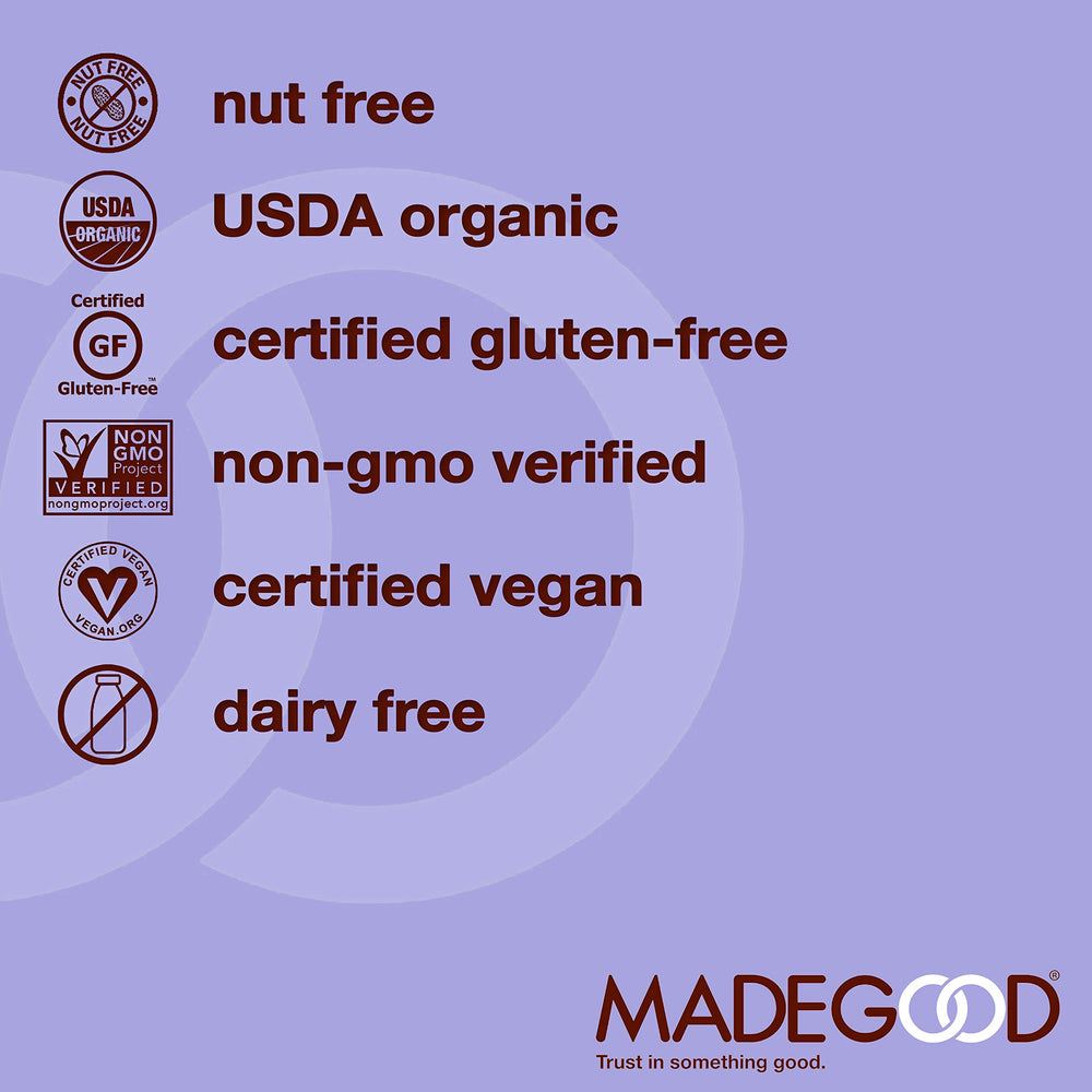 Organic gluten-free badge on Made Good Minis packaging for conscious shoppers.