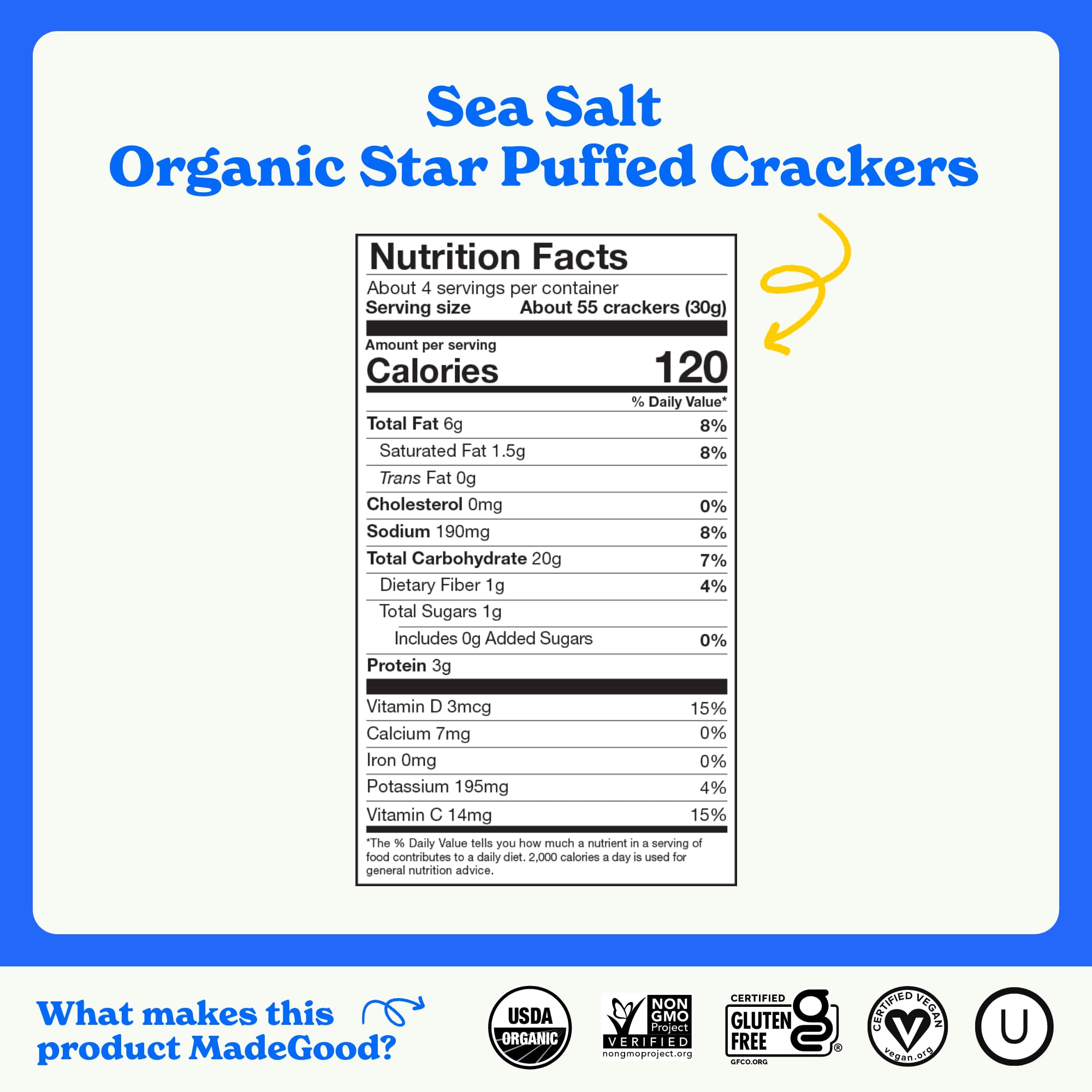 Close-up: MadeGood Sea Salt Star Puffed Crackers, airy texture and sea salt