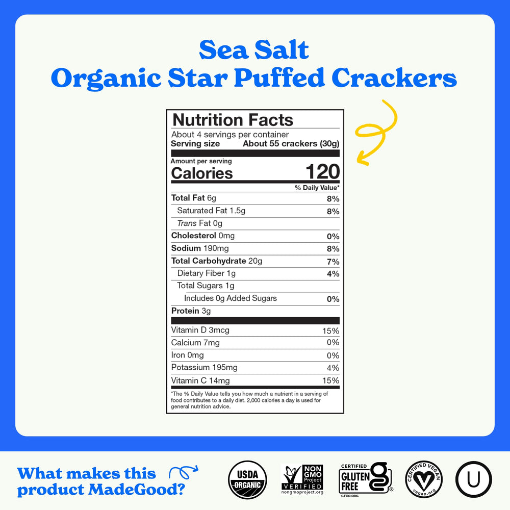 Close-up: MadeGood Sea Salt Star Puffed Crackers, airy texture and sea salt