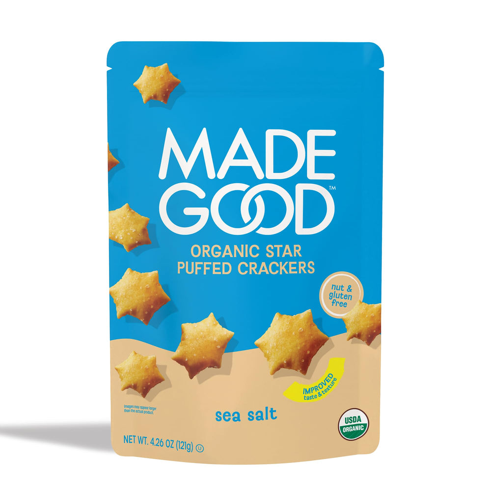 MadeGood Sea Salt Star Puffed Crackers packaging on shelf for on-the-go snacking